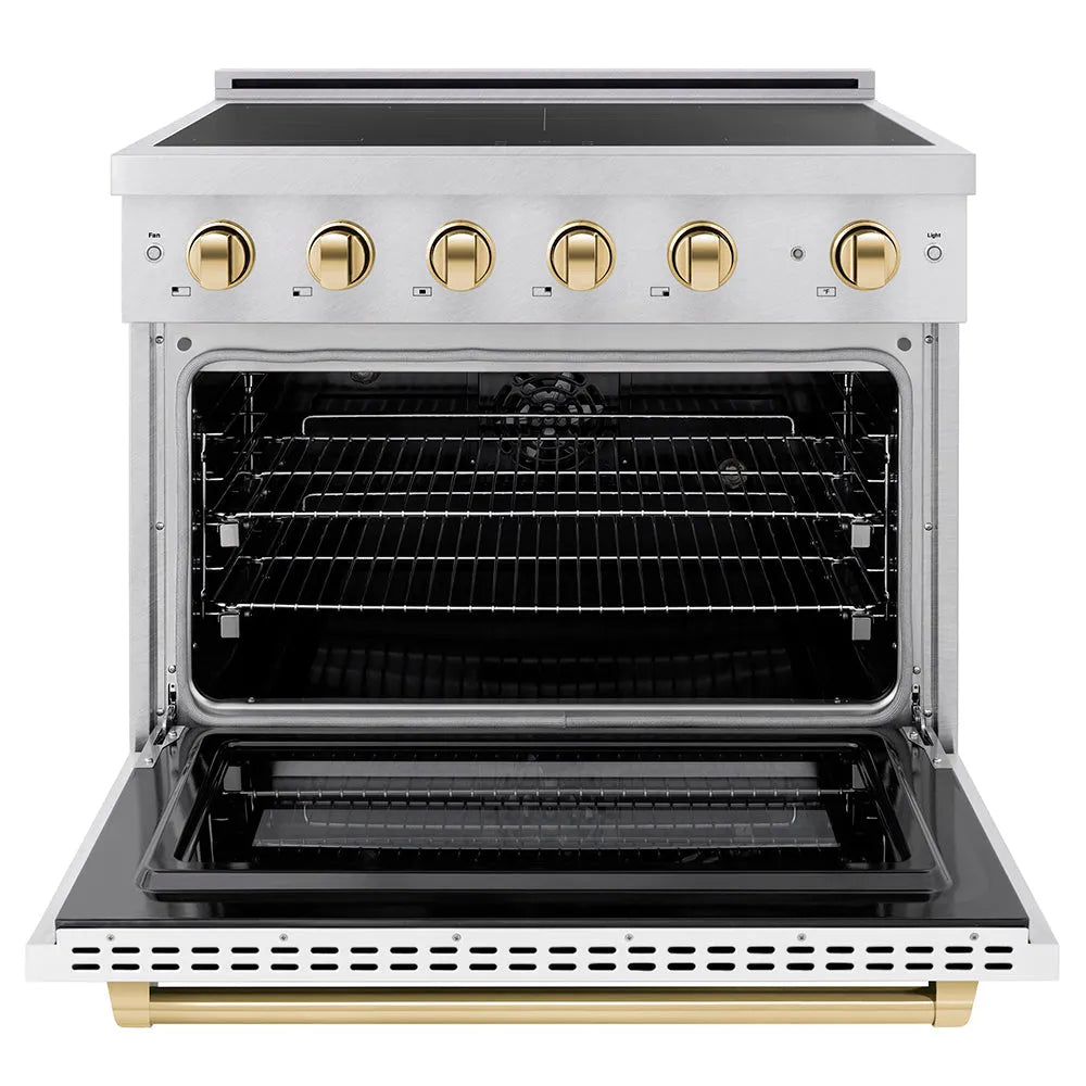 ZLINE Autograph Edition Paramount 36-inch range in satin stainless steel with white matte door and polished gold accents SINRSZ-WM-36-G, front view