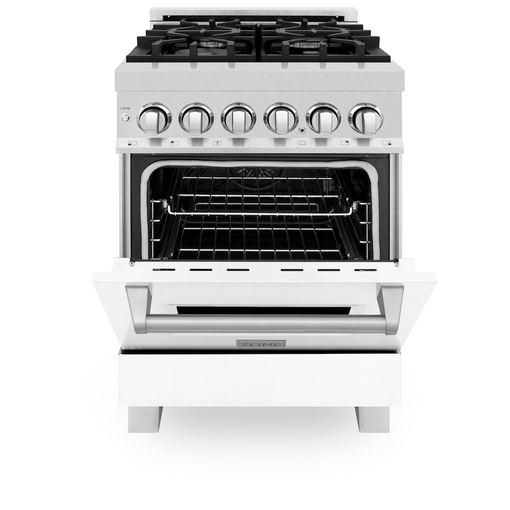 ZLINE Legacy 24-inch range in satin stainless steel with white matte door RAS-WM-24, front view