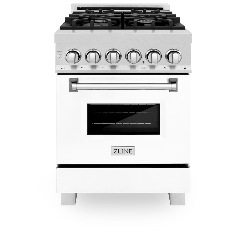 ZLINE Legacy 24-inch range in satin stainless steel with white matte door RAS-WM-24, front view