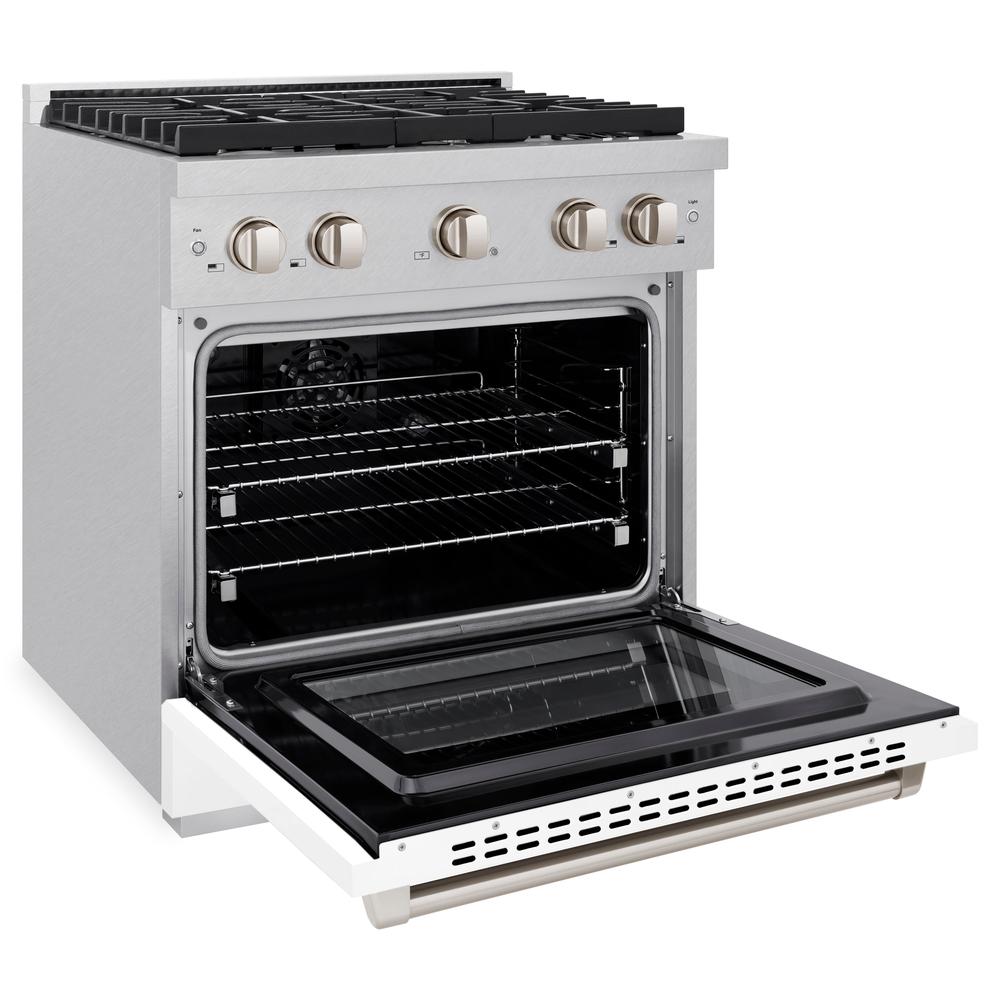 ZLINE Paramount 30-inch range in satin stainless steel with white matte door SDRS-WM-30, door open