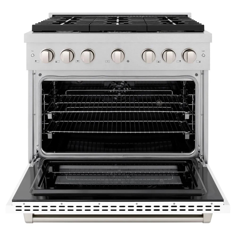 ZLINE Paramount 36-inch range in satin stainless steel with white matte door SDRS-WM-36, front view