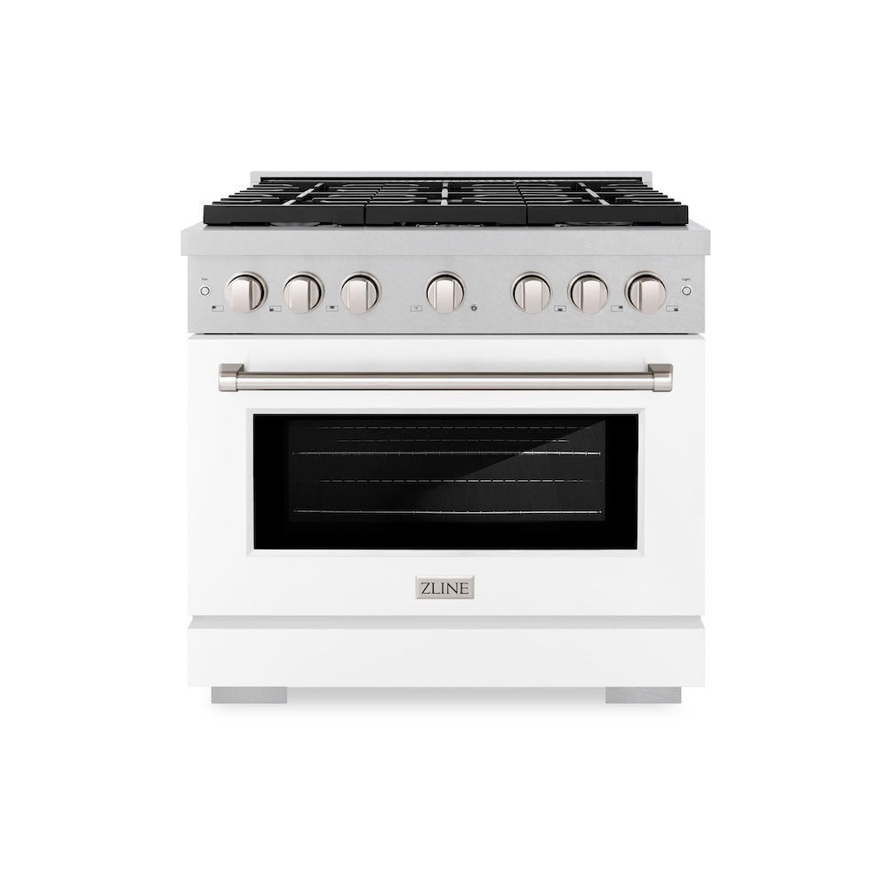 ZLINE Paramount 36-inch range in satin stainless steel with white matte door SGRS-WM-36, front view