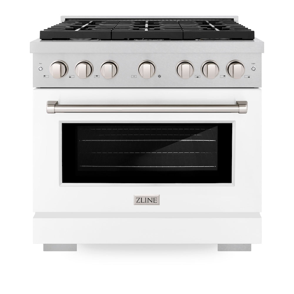 ZLINE Paramount 36-inch range in satin stainless steel with white matte door SGRS-WM-36, front view