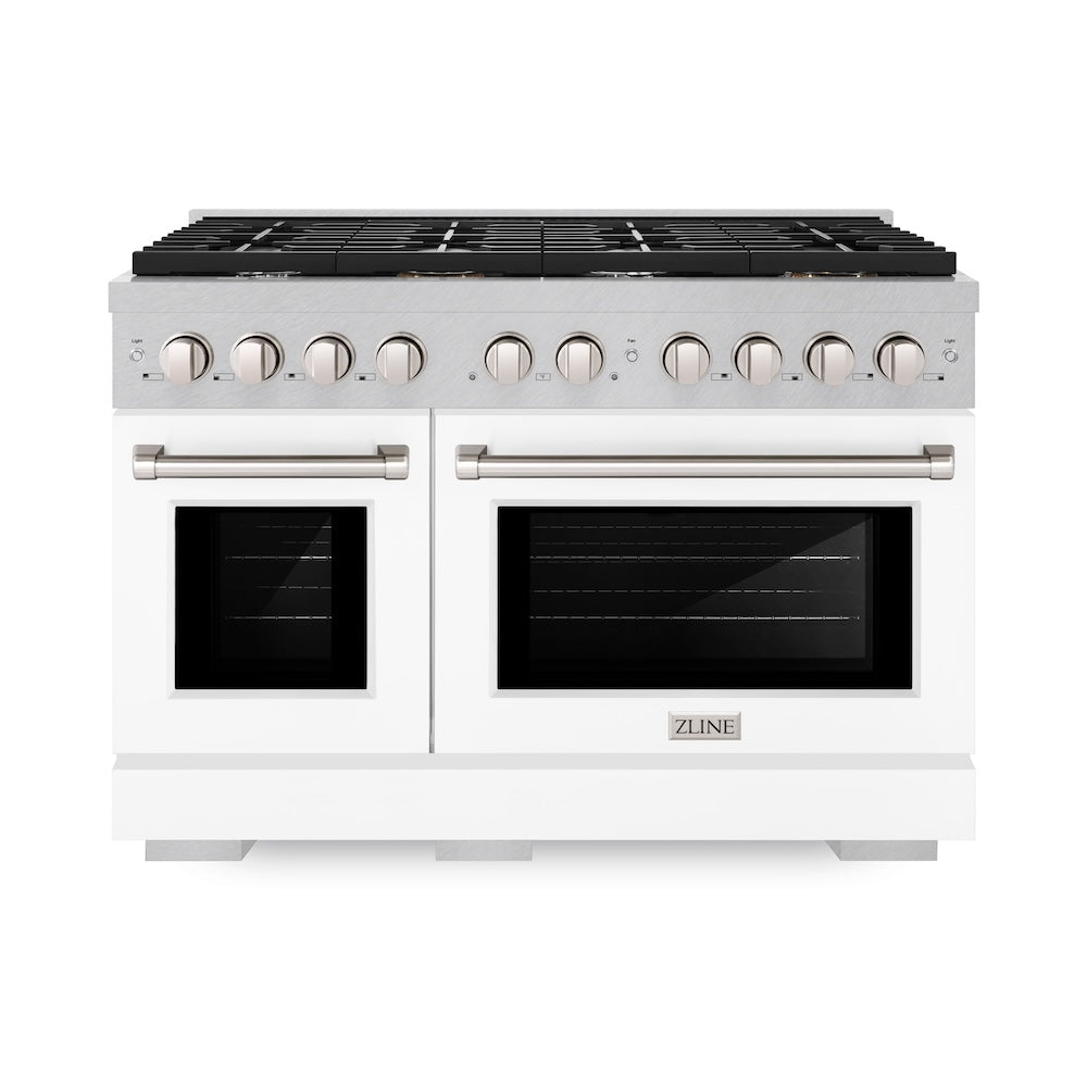 ZLINE Paramount 48-inch range in satin stainless steel with white matte door SGRS-WM-48, front view
