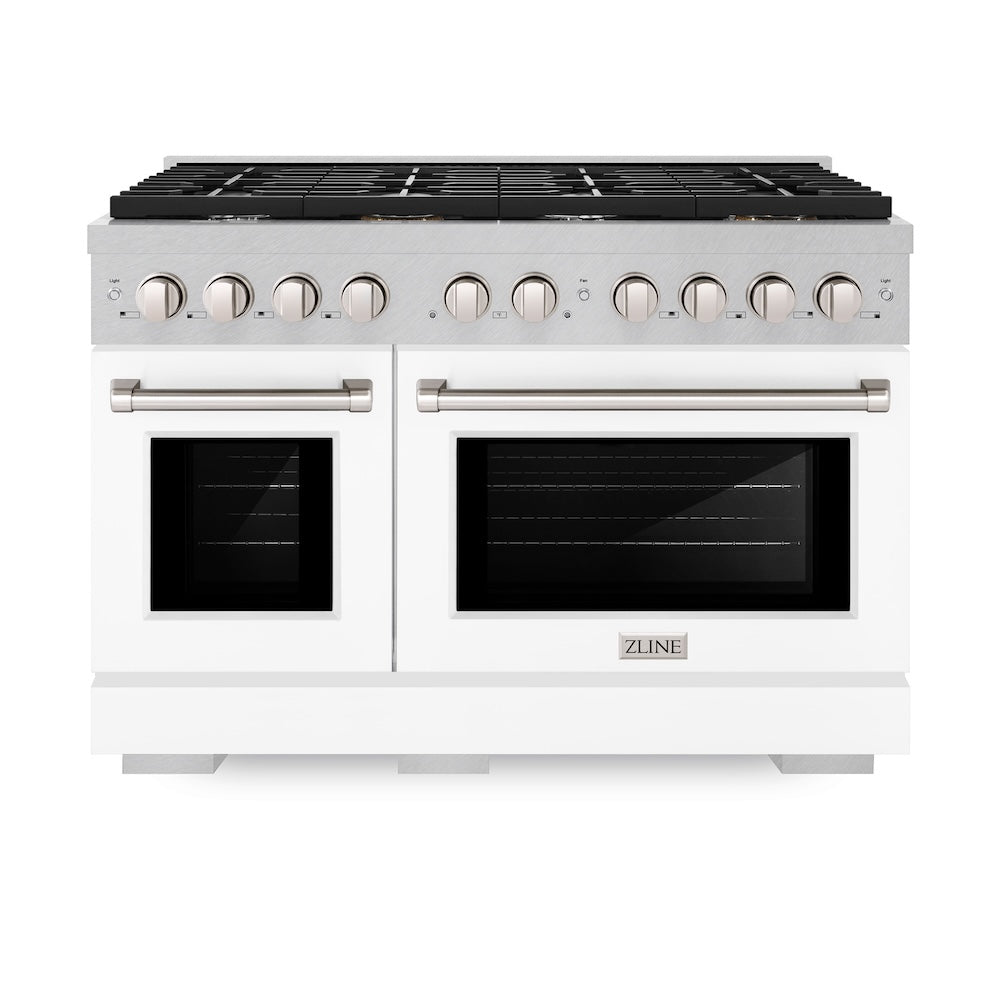 ZLINE Paramount 48-inch range in satin stainless steel with white matte door SGRS-WM-48, front view