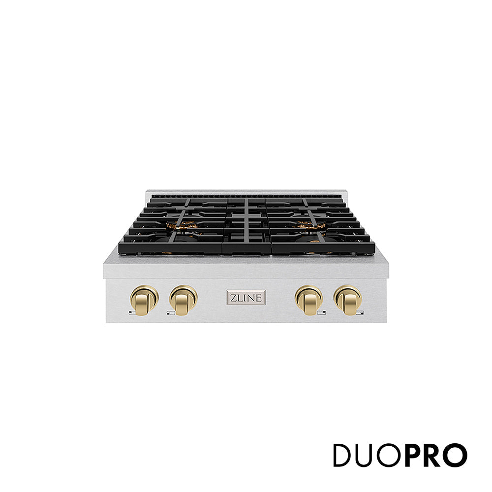 ZLINE Autograph Edition Paramount 30-inch rangetop in satin stainless steel and champagne bronze accents PSRTSZ-30-CB