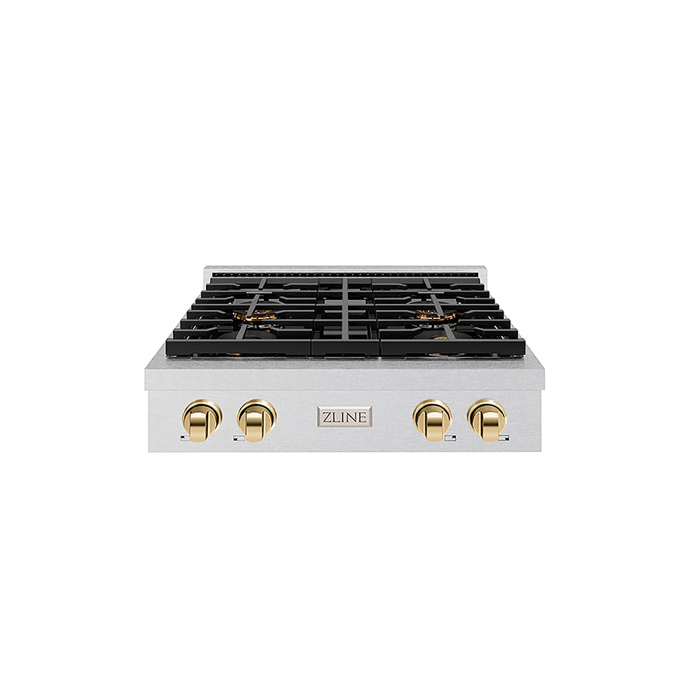 ZLINE Autograph Edition Paramount 30-inch rangetop in satin stainless steel and polished gold accents PSRTSZ-30-G, front view