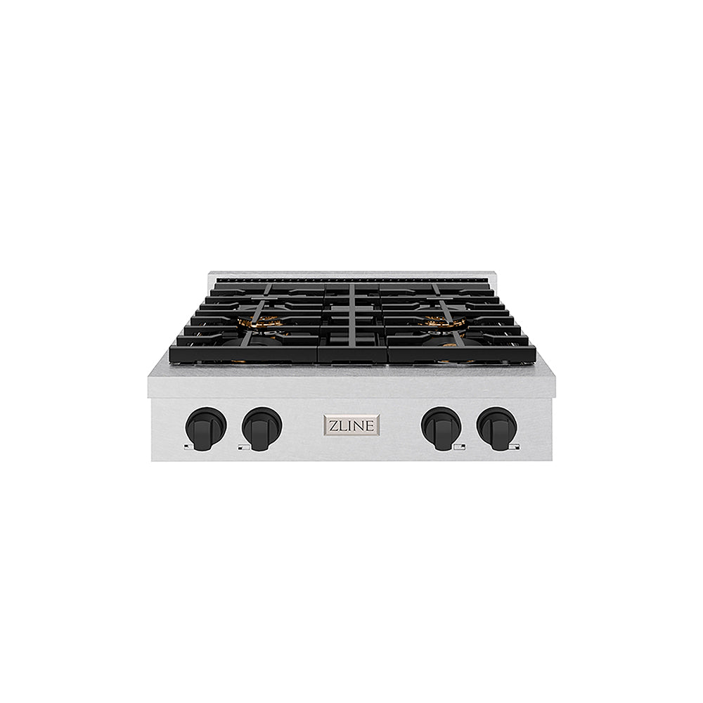 ZLINE Autograph Edition Paramount 30-inch rangetop in satin stainless steel and matte black accents PSRTSZ-30-MB, front view