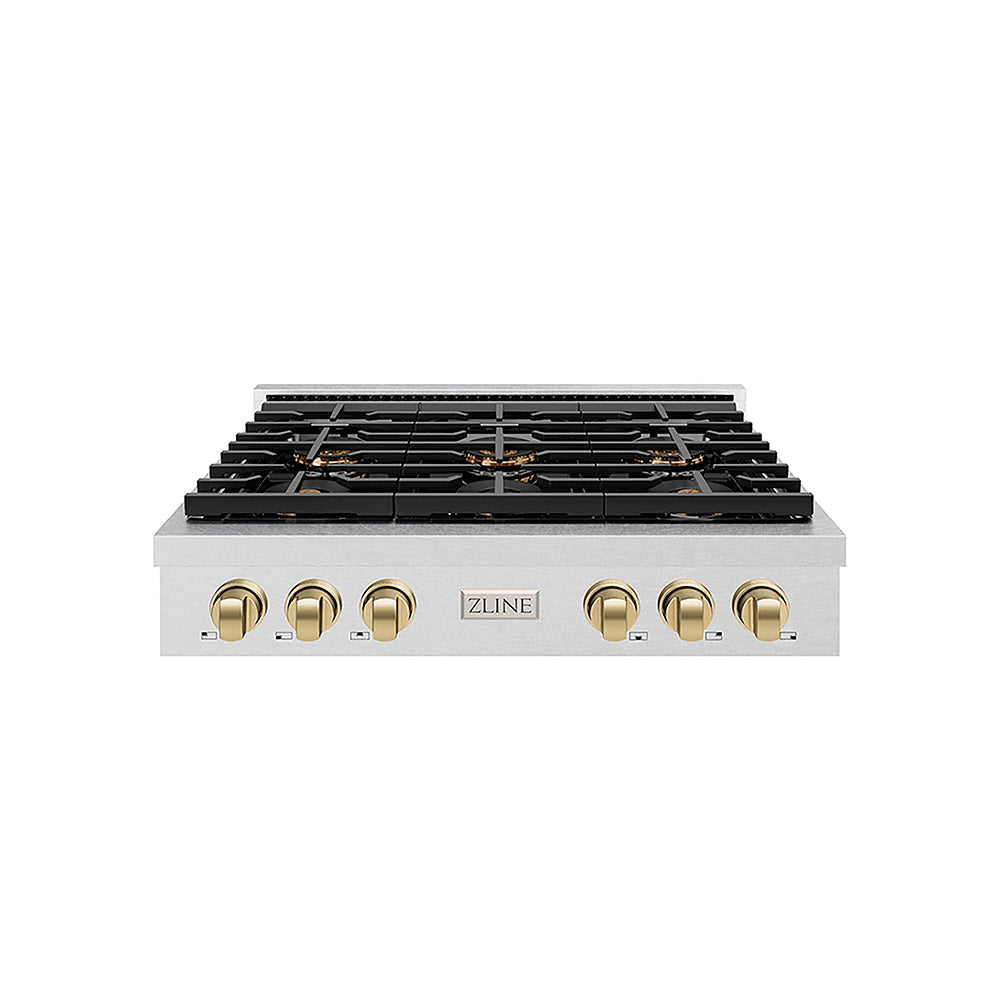 ZLINE Autograph Edition Paramount 36-inch rangetop in satin stainless steel and champagne bronze accents PSRTSZ-36-CB, front view