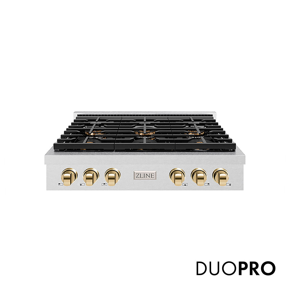 ZLINE Autograph Edition Paramount 36-inch rangetop in satin stainless steel and polished gold accents PSRTSZ-36-G