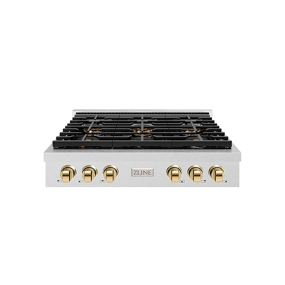ZLINE Autograph Edition Paramount 36-inch rangetop in satin stainless steel and polished gold accents PSRTSZ-36-G, front view