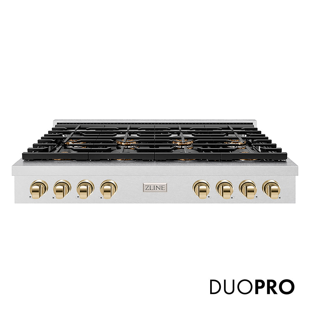 ZLINE Autograph Edition Paramount 48-inch rangetop in satin stainless steel and polished gold accents PSRTSZ-48-G