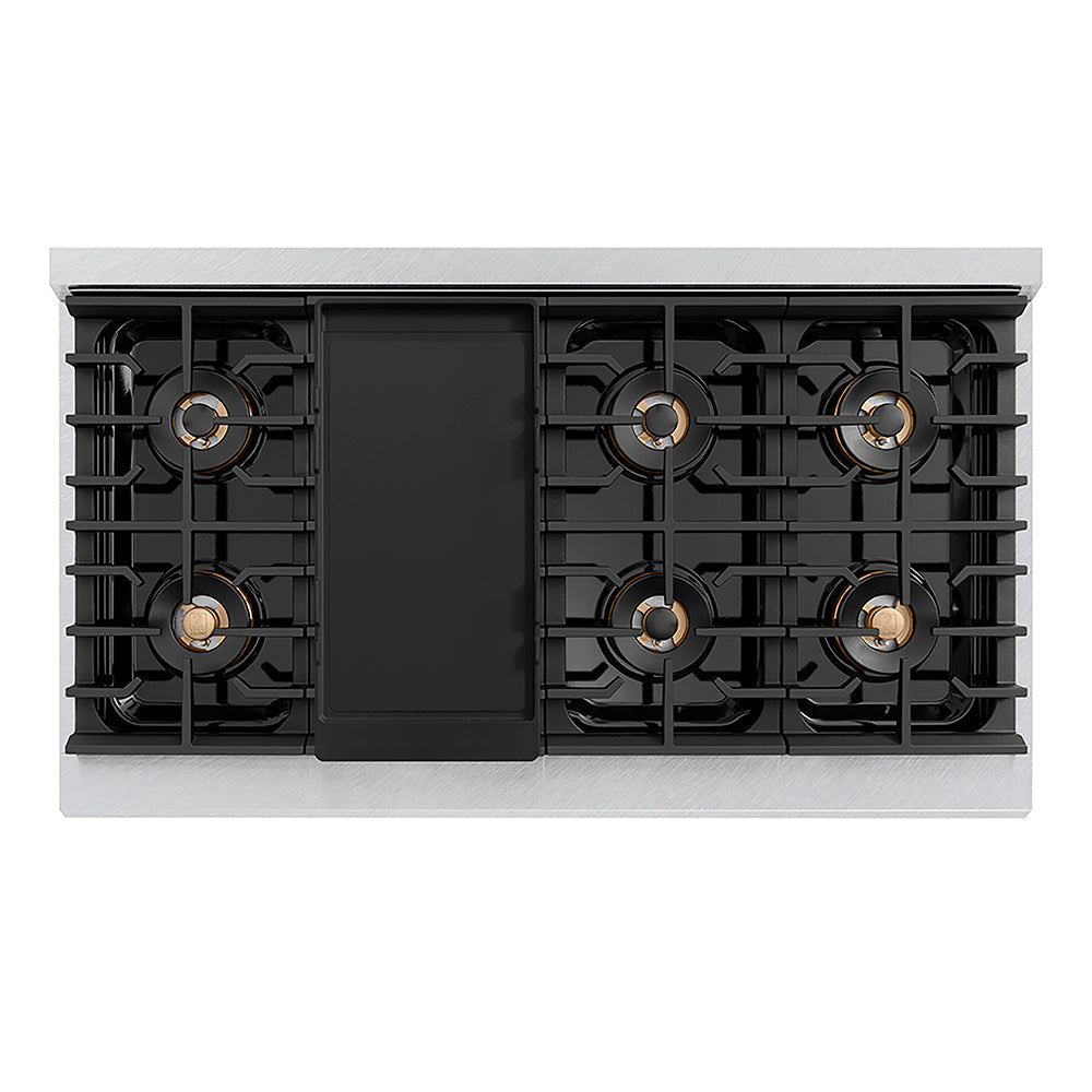 ZLINE Autograph Edition Paramount 48-inch rangetop in satin stainless steel and matte black accents PSRTSZ-48-MB, from above