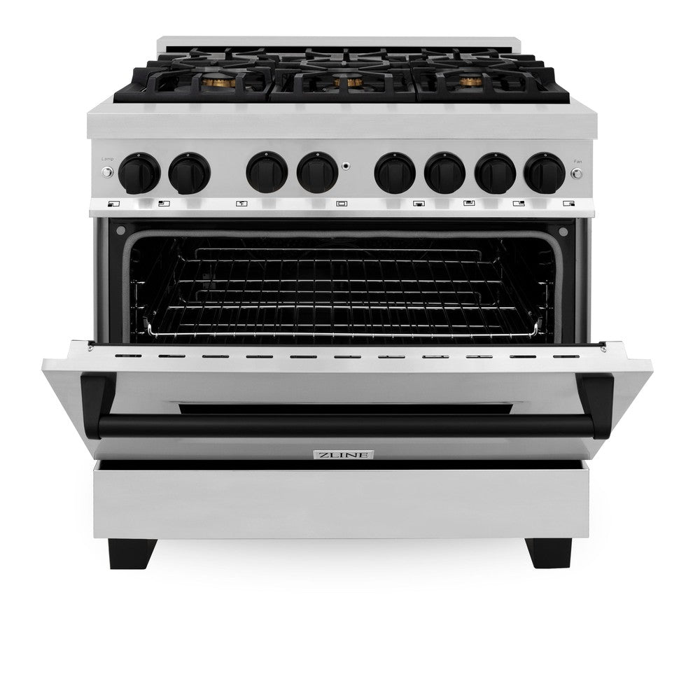 ZLINE Autograph Edition Legacy 36-inch range in stainless steel and matte black accents RAZ-36-MB, front view