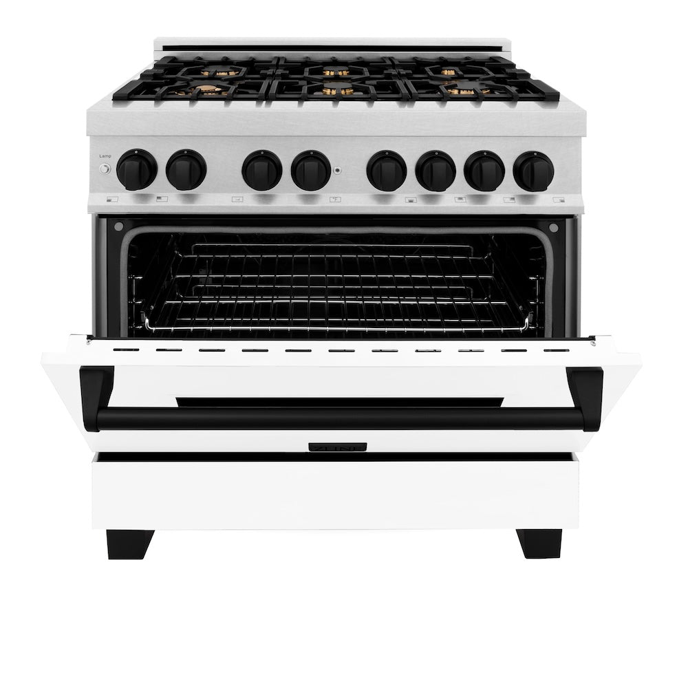 ZLINE Autograph Edition Legacy 36-inch range in satin stainless steel with white matte door and matte black accents RASZ-WM-36-MB, front view