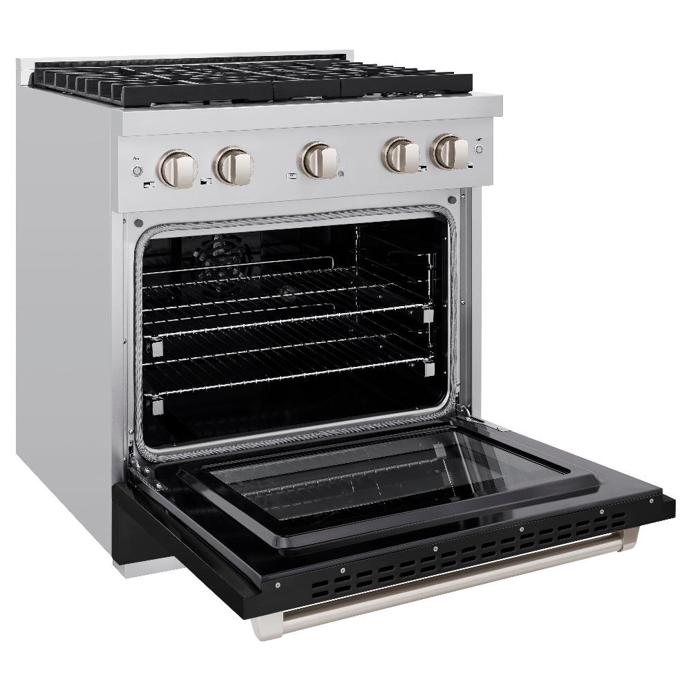ZLINE Paramount 30-inch range in stainless steel with black matte door SDR-BLM-30, door open