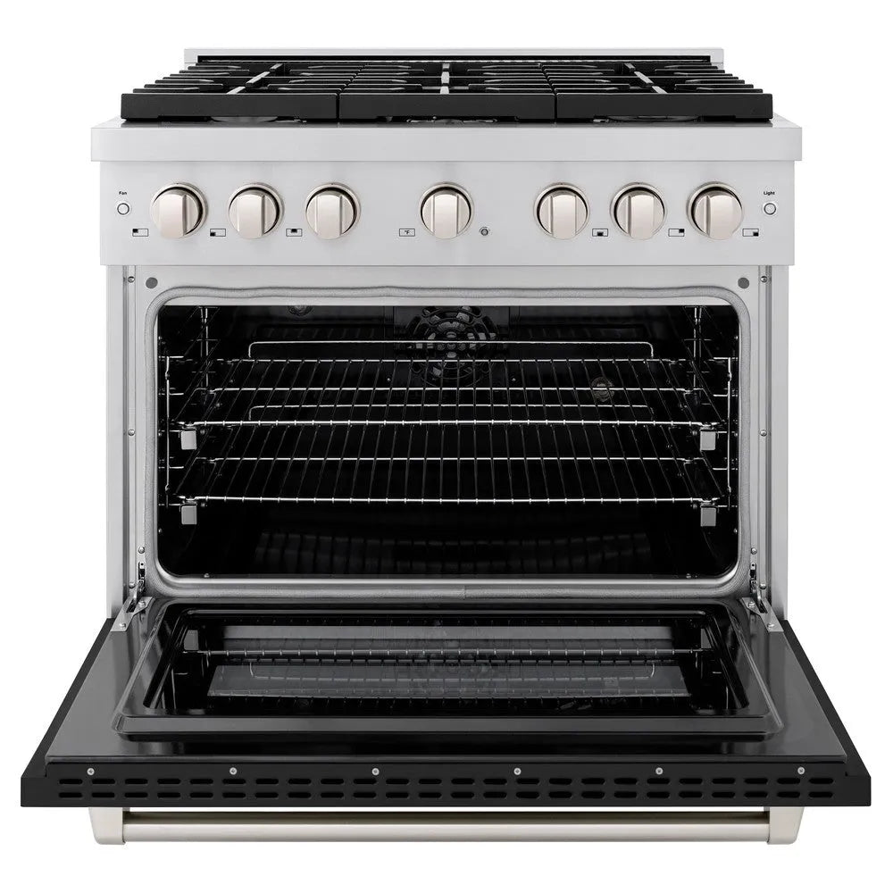 ZLINE Paramount 36-inch range in stainless steel with black matte door SDR-BLM-36, front view