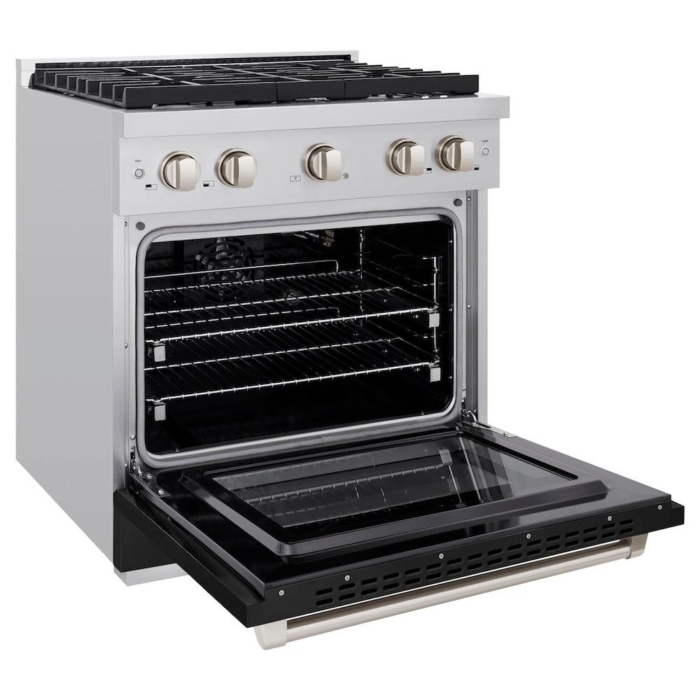 ZLINE Paramount 30-inch range in stainless steel with black matte door SGR-BLM-30, door open