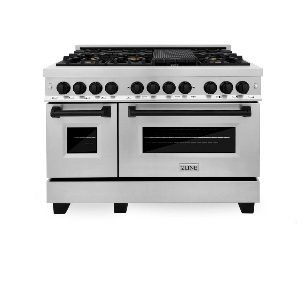 ZLINE Autograph Edition Legacy 48-inch range in stainless steel and matte black accents RAZ-48-MB, front view