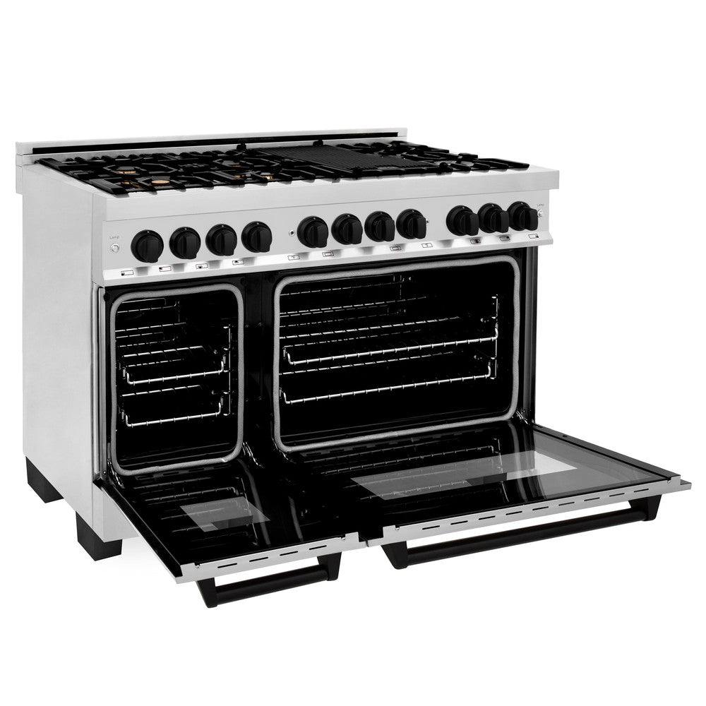 ZLINE Autograph Edition Legacy 48-inch range in stainless steel and matte black accents RAZ-48-MB, door open
