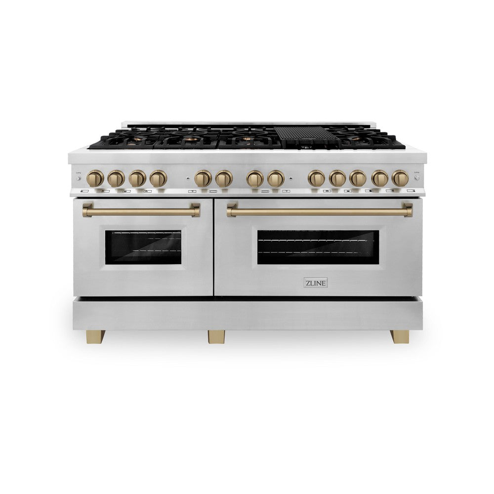 ZLINE Autograph Edition Legacy 60-inch range in stainless steel and champagne bronze accents RAZ-60-CB, front view