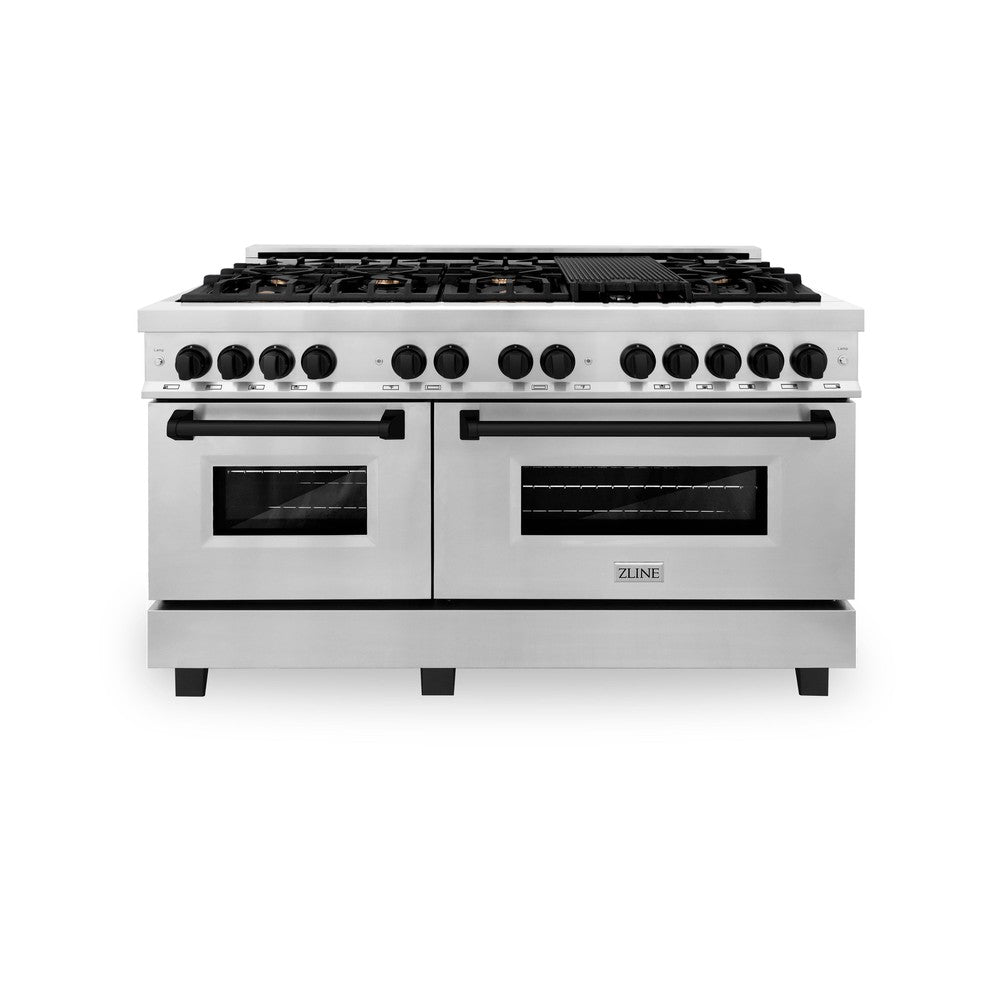 ZLINE Autograph Edition Legacy 60-inch range in stainless steel and matte black accents RAZ-60-MB, front view