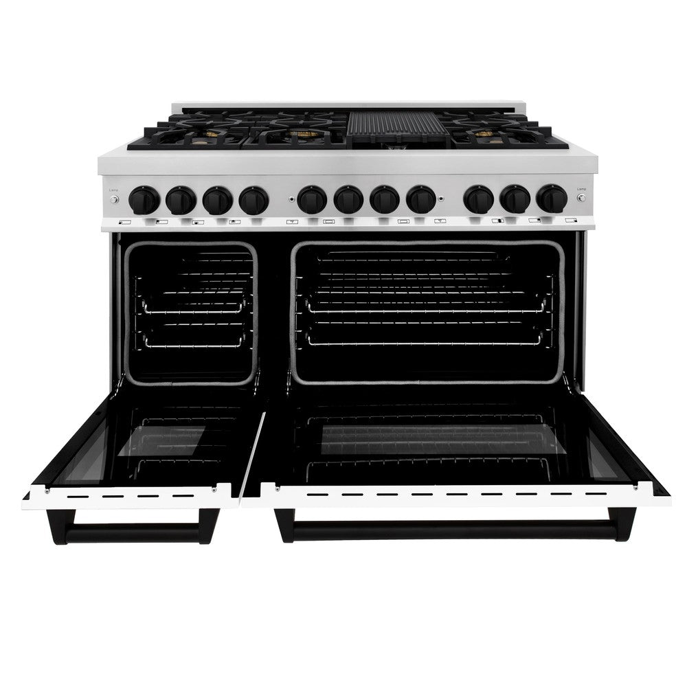 ZLINE Autograph Edition Legacy 48-inch range in stainless steel with white matte door and matte black accents RAZ-WM-48-MB, front view