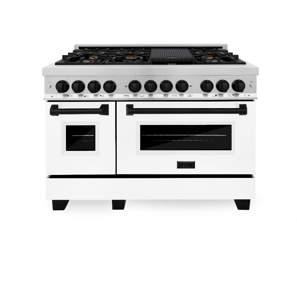 ZLINE Autograph Edition Legacy 48-inch range in stainless steel with white matte door and matte black accents RAZ-WM-48-MB, front view