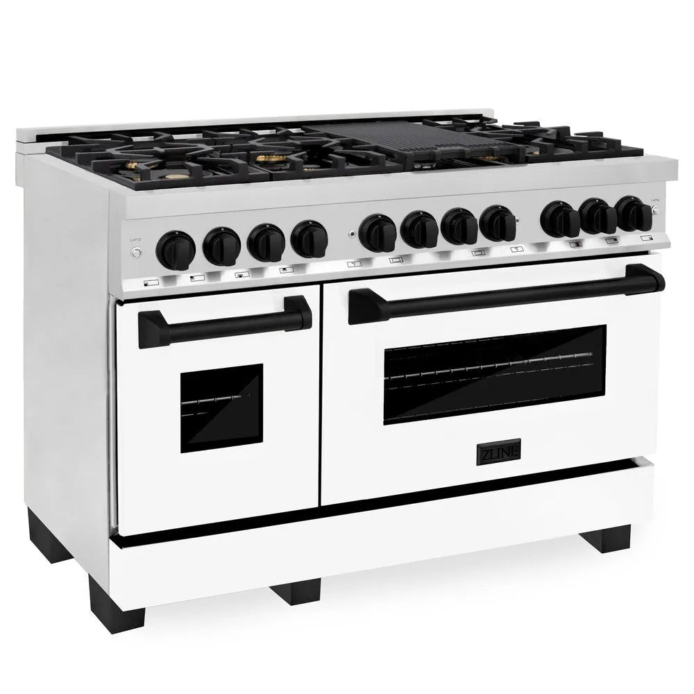 ZLINE Autograph Edition Legacy 48-inch range in stainless steel with white matte door and matte black accents RAZ-WM-48-MB