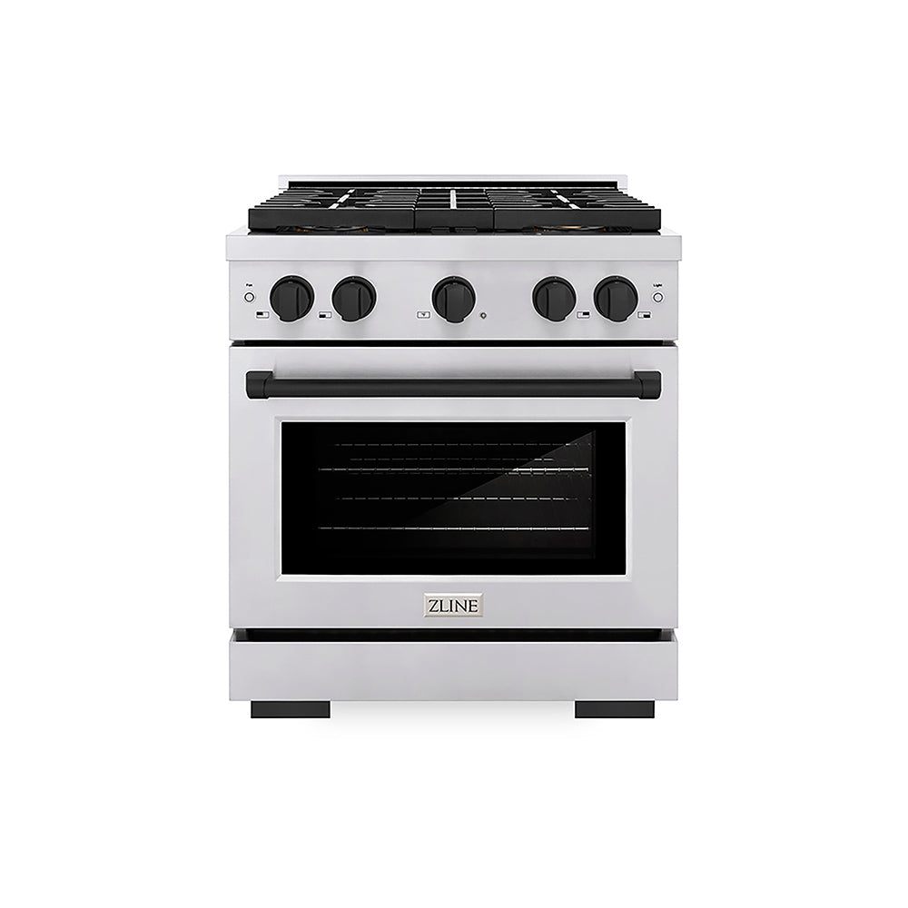 ZLINE Autograph Edition Paramount 30-inch range in stainless steel and matte black accents PSDRZ-30-MB, front view