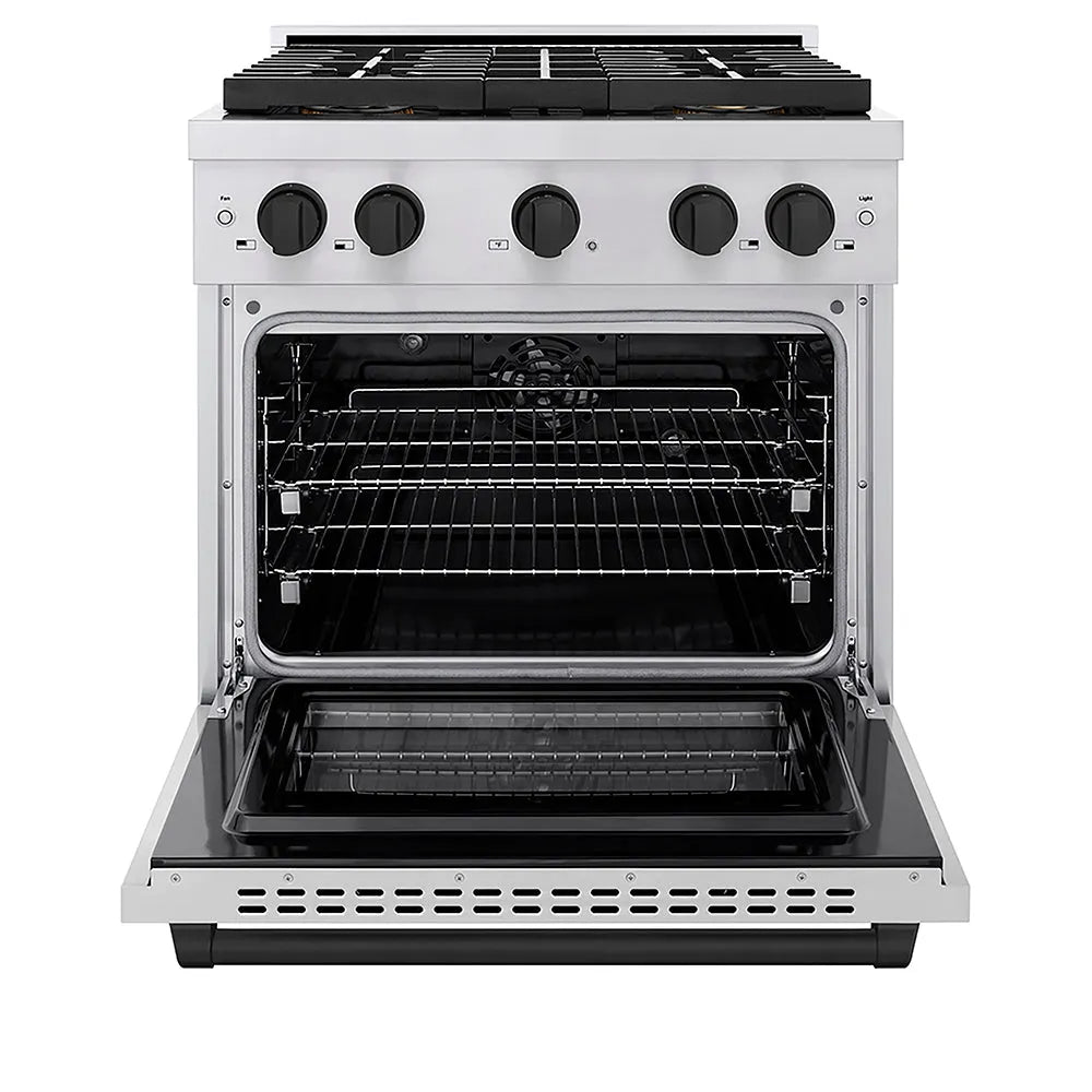 ZLINE Autograph Edition Paramount 30-inch range in stainless steel and matte black accents PSDRZ-30-MB, front view