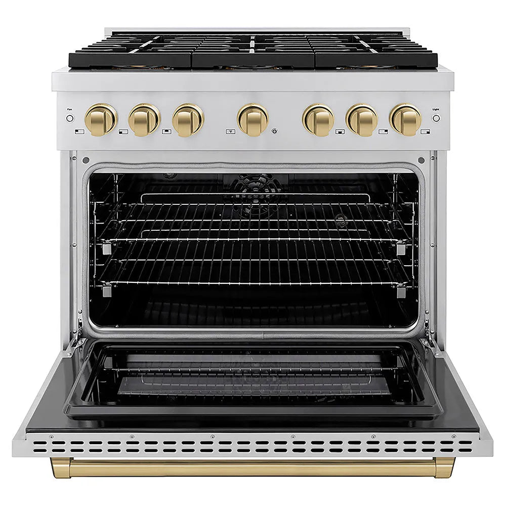 ZLINE Autograph Edition Paramount 36-inch range in stainless steel and champagne bronze accents PSDRZ-36-CB, front view