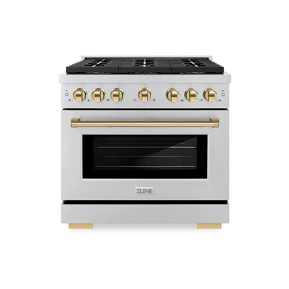 ZLINE Autograph Edition Paramount 36-inch range in stainless steel and polished gold accents PSDRZ-36-G, front view