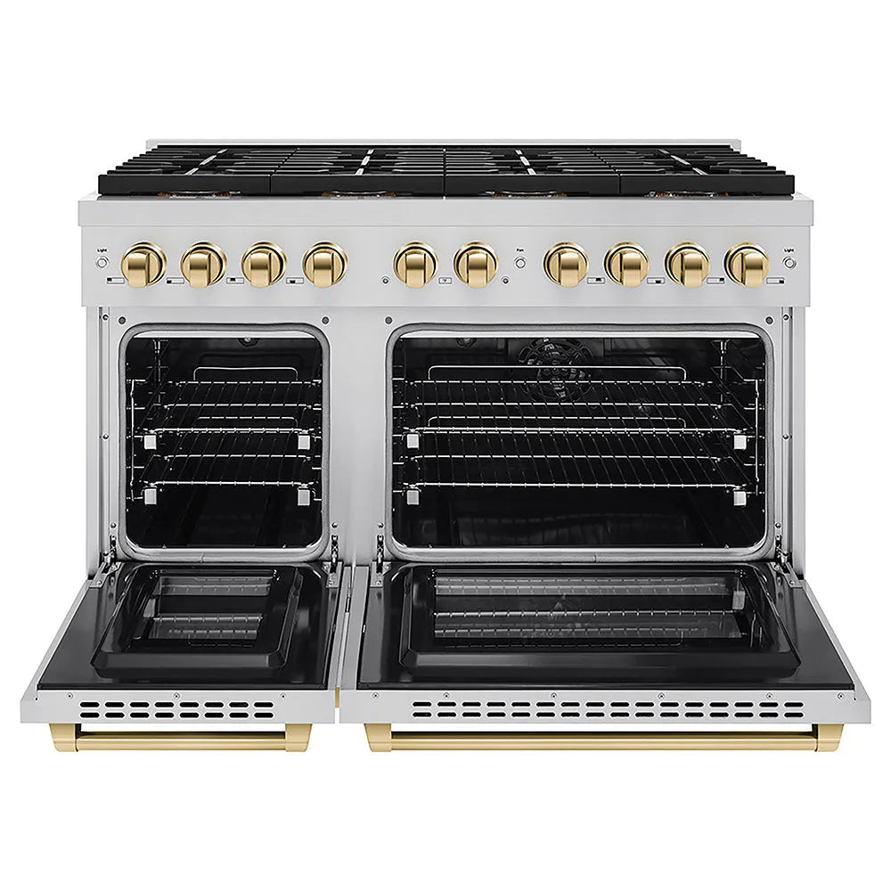 ZLINE Autograph Edition Paramount 48-inch range in stainless steel and polished gold accents PSDRZ-48-G, front view