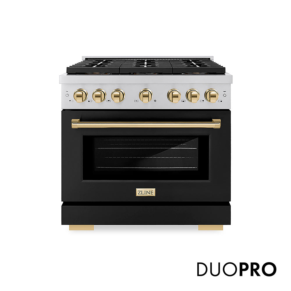 ZLINE Autograph Edition Paramount 36-inch range in black matte and polished gold accents PSDRZ-BLM-36-G