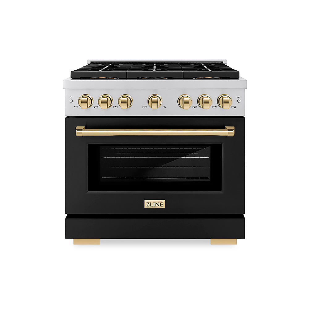 ZLINE Autograph Edition Paramount 36-inch range in black matte and polished gold accents PSDRZ-BLM-36-G, front view
