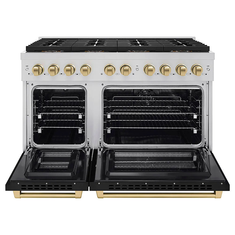 ZLINE Autograph Edition Paramount 48-inch range in black matte and champagne bronze accents PSDRZ-BLM-48-CB, front view