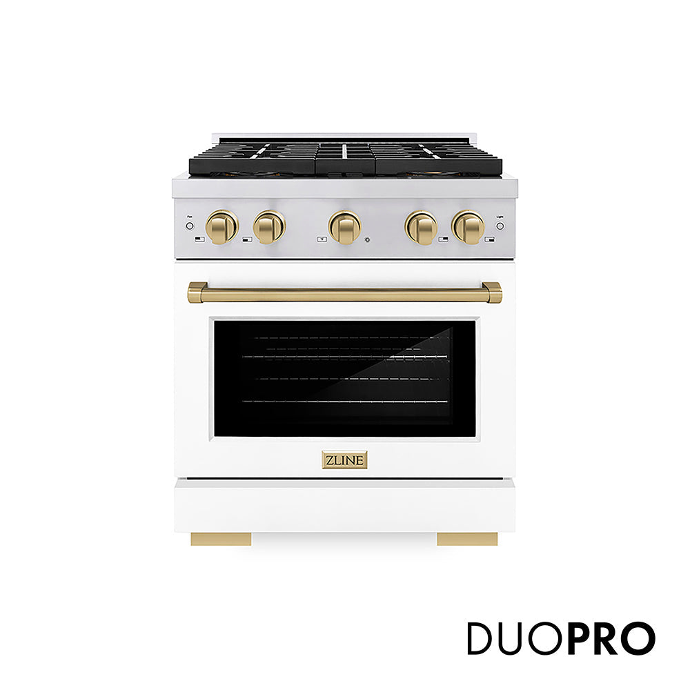 ZLINE Autograph Edition Paramount 30-inch range in stainless steel with white matte door and champagne bronze accents PSDRZ-WM-30-CB