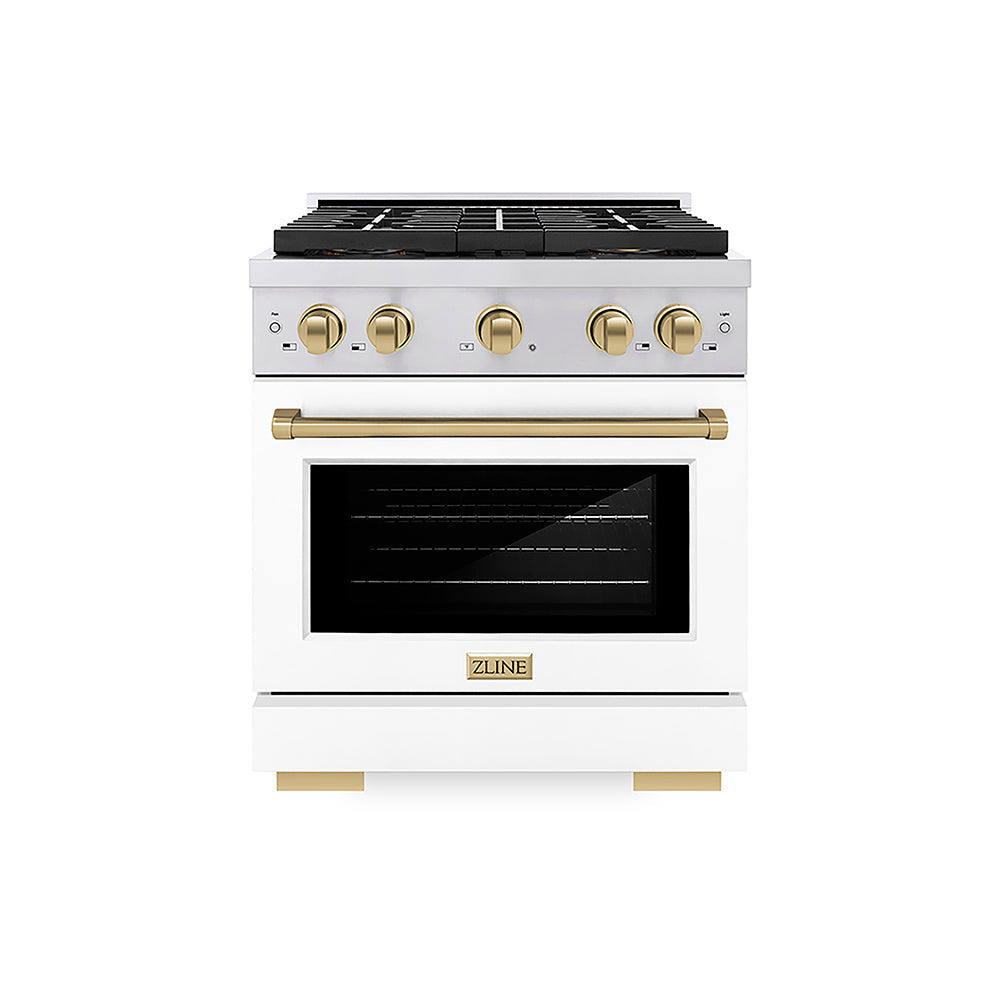 ZLINE Autograph Edition Paramount 30-inch range in stainless steel with white matte door and champagne bronze accents PSDRZ-WM-30-CB, front view