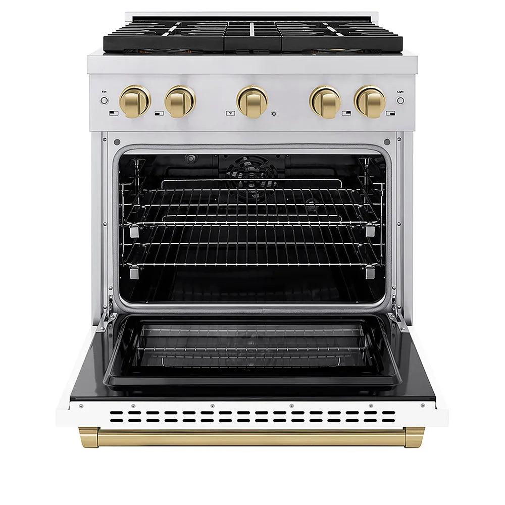 ZLINE Autograph Edition Paramount 30-inch range in stainless steel with white matte door and champagne bronze accents PSDRZ-WM-30-CB, front view