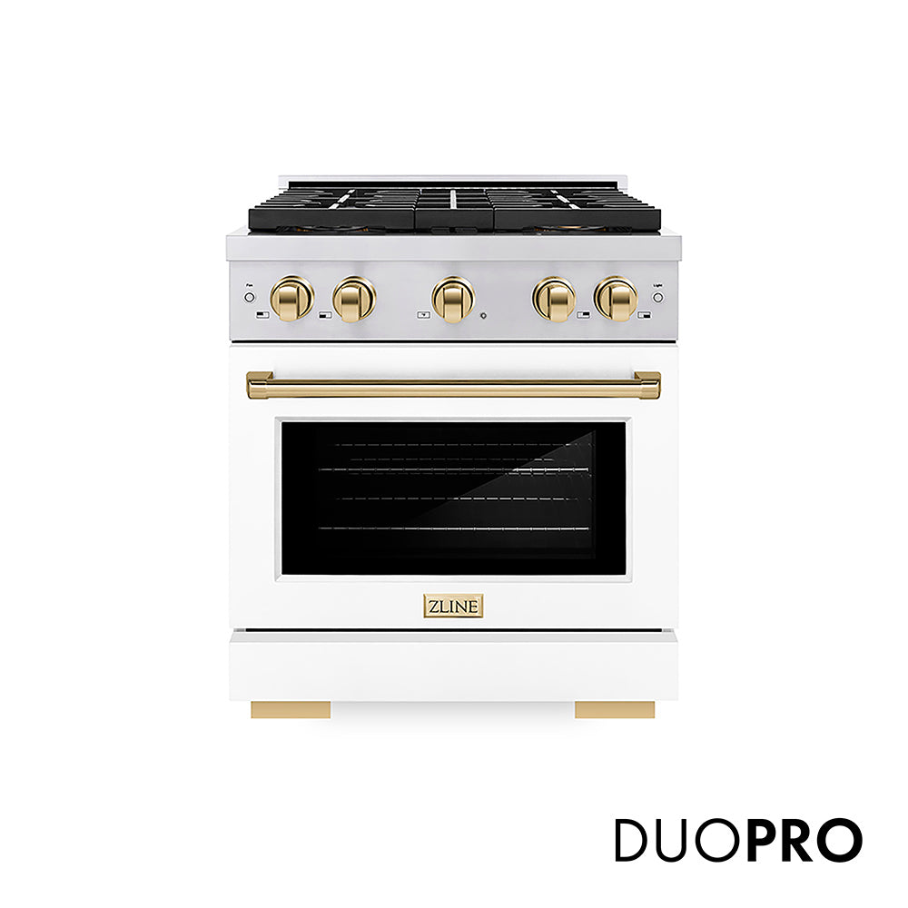ZLINE Autograph Edition Paramount 30-inch range in stainless steel with white matte door and polished gold accents PSDRZ-WM-30-G