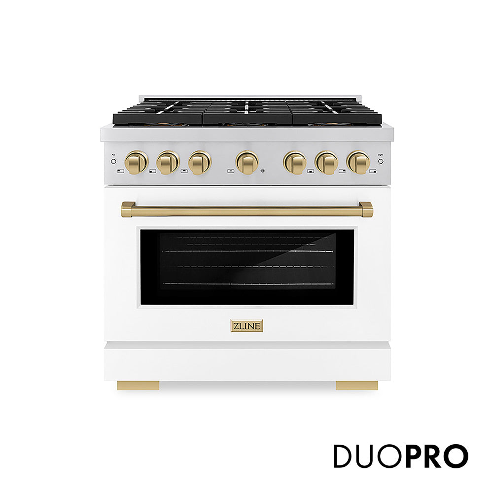 ZLINE Autograph Edition Paramount 36-inch range in white matte and champagne bronze accents PSDRZ-WM-36-CB