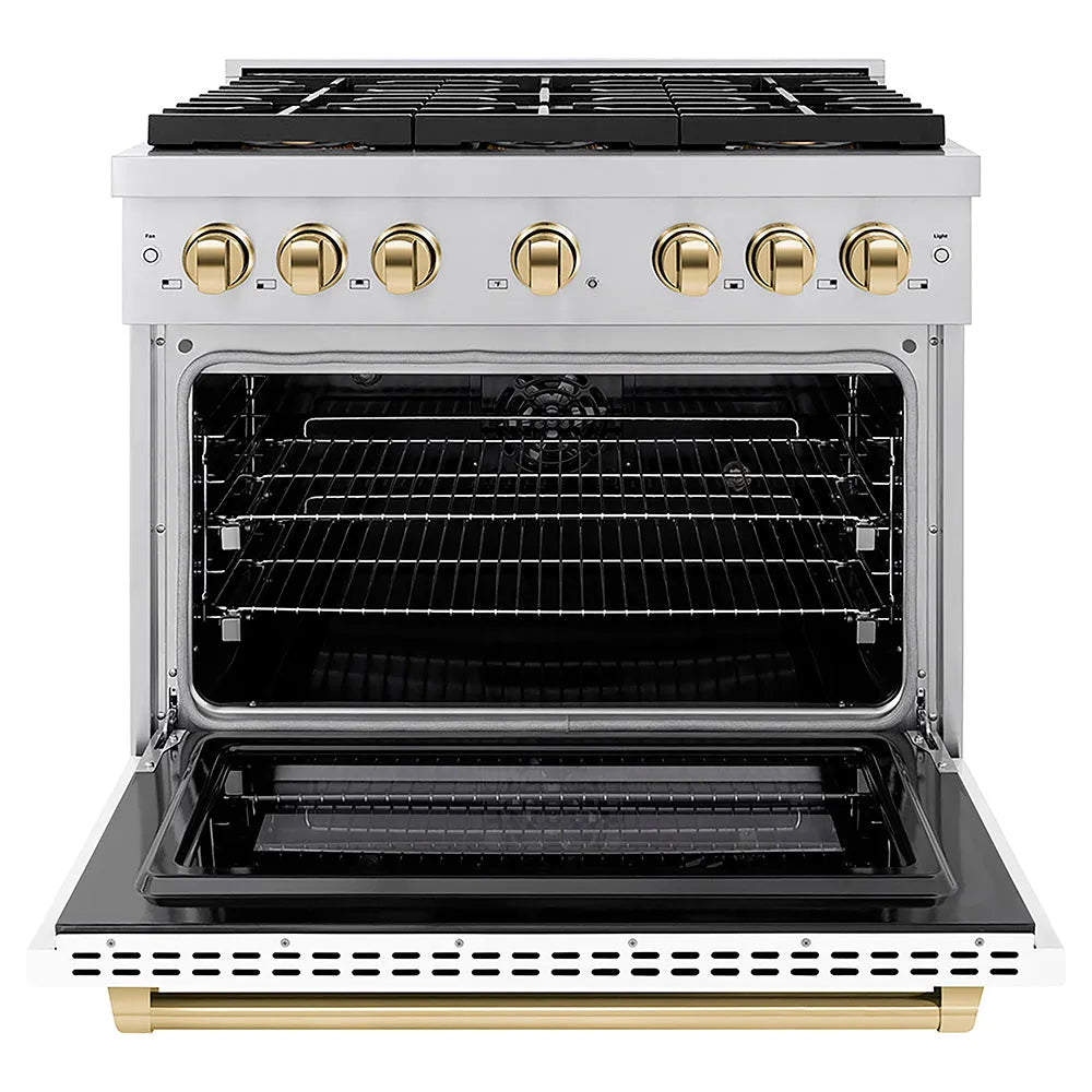 ZLINE Autograph Edition Paramount 36-inch range in white matte and polished gold accents PSDRZ-WM-36-G, front view