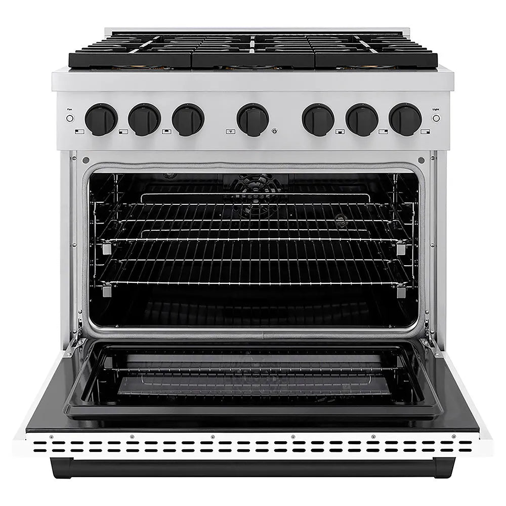 ZLINE Autograph Edition Paramount 36-inch range in white matte and matte black accents PSDRZ-WM-36-MB, front view
