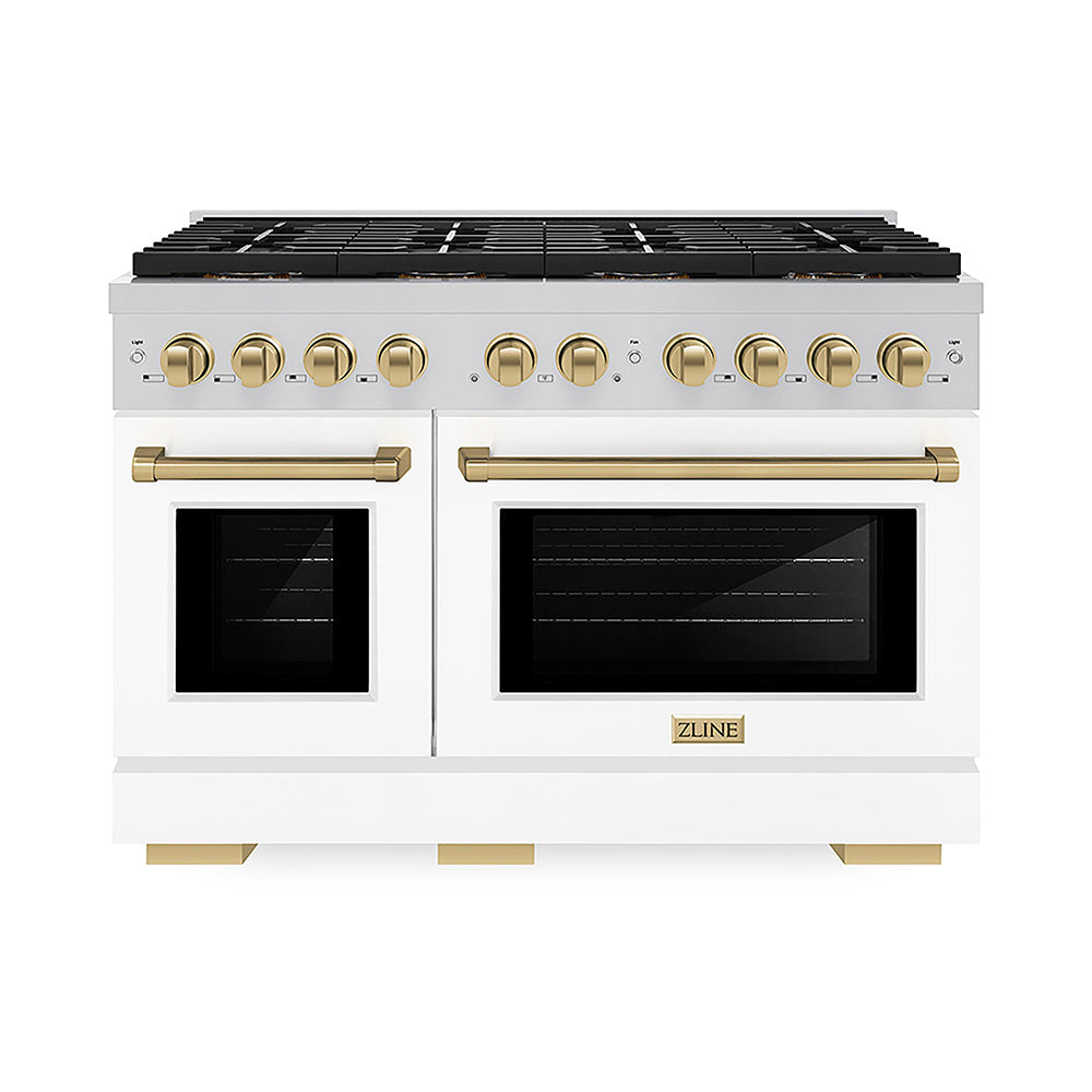 ZLINE Autograph Edition Paramount 48-inch range in white matte and champagne bronze accents PSDRZ-WM-48-CB, front view