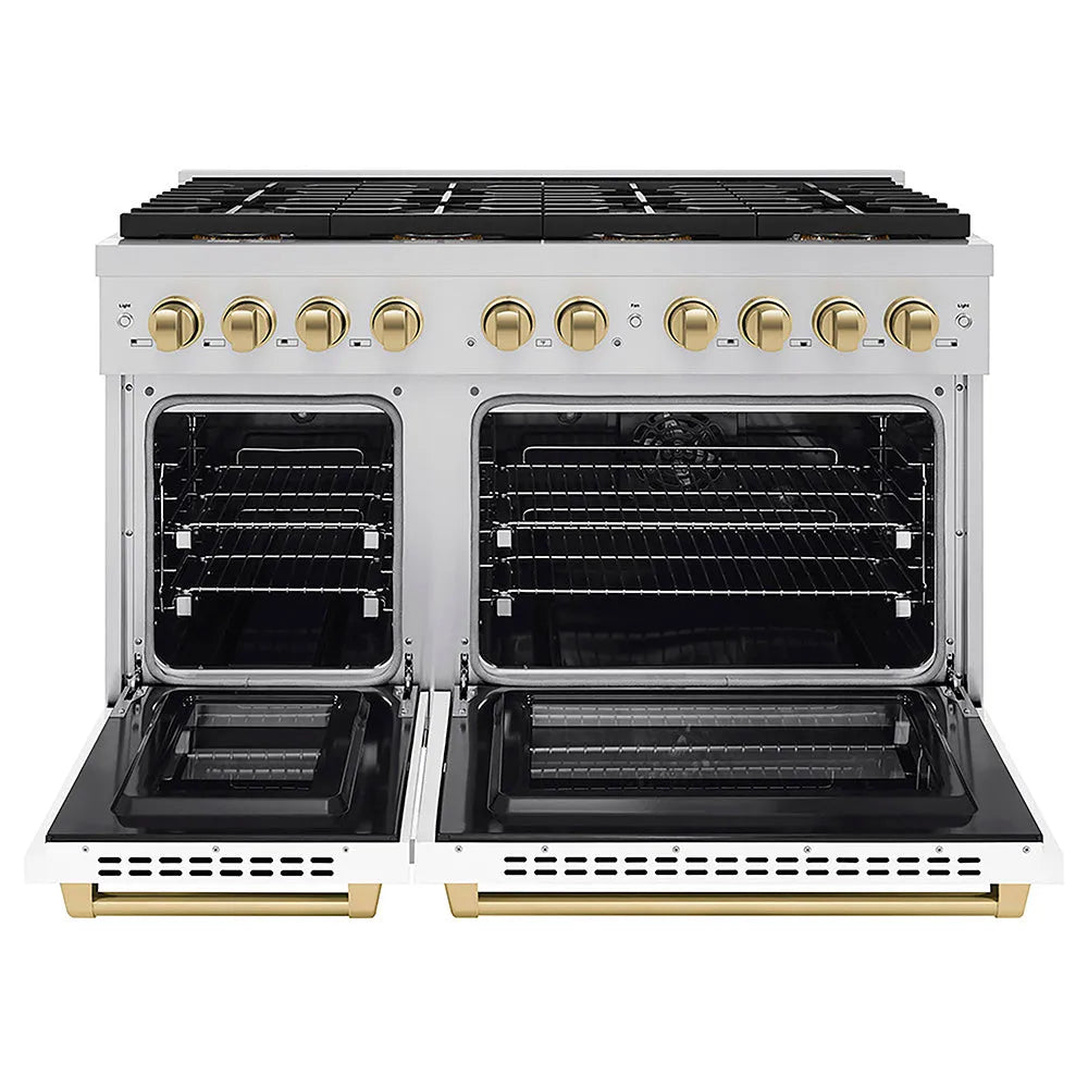 ZLINE Autograph Edition Paramount 48-inch range in white matte and champagne bronze accents PSDRZ-WM-48-CB, front view