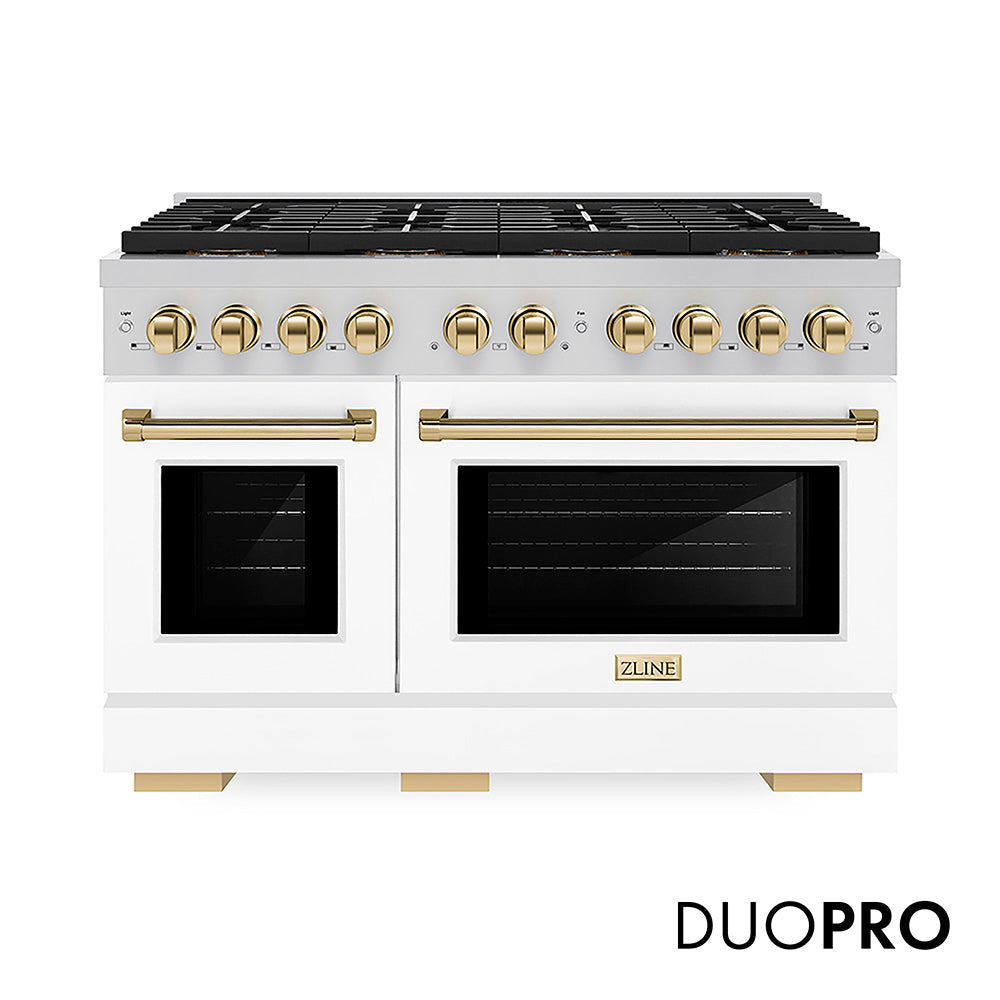 ZLINE Autograph Edition Paramount 48-inch range in white matte and polished gold accents PSDRZ-WM-48-G