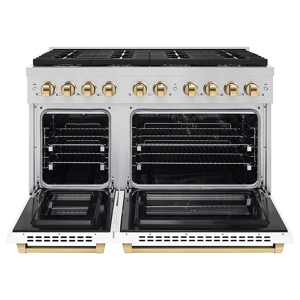 ZLINE Autograph Edition Paramount 48-inch range in white matte and polished gold accents PSDRZ-WM-48-G, front view