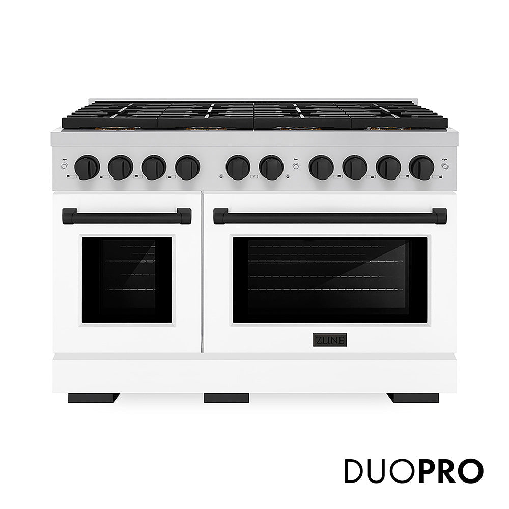ZLINE Autograph Edition Paramount 48-inch range in white matte and matte black accents PSDRZ-WM-48-MB