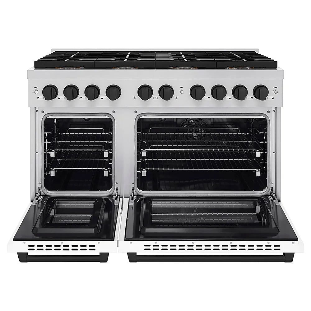 ZLINE Autograph Edition Paramount 48-inch range in white matte and matte black accents PSDRZ-WM-48-MB, front view